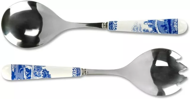 Spode Blue Italian Set of 2 Salad Servers with Porcelain Handles, 10" Blue White 3