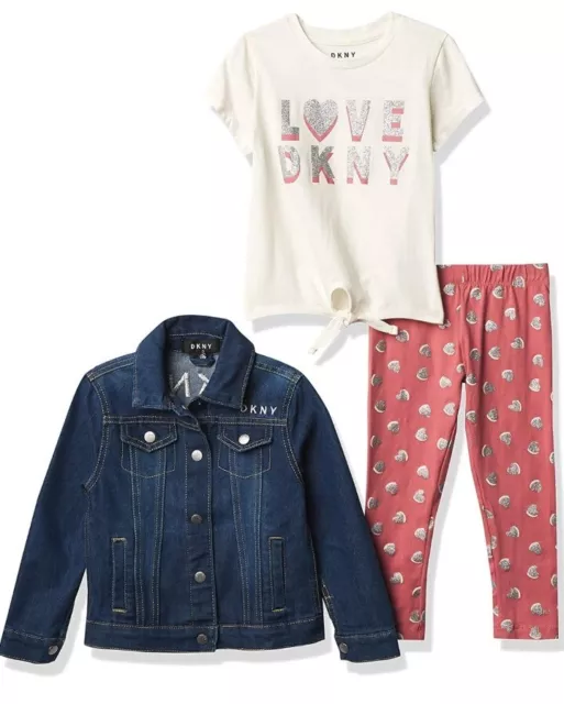 DKNY Little Girls' Denim Jacket 3pc Legging Set w/ Short Sle, Pink/White, Size 5