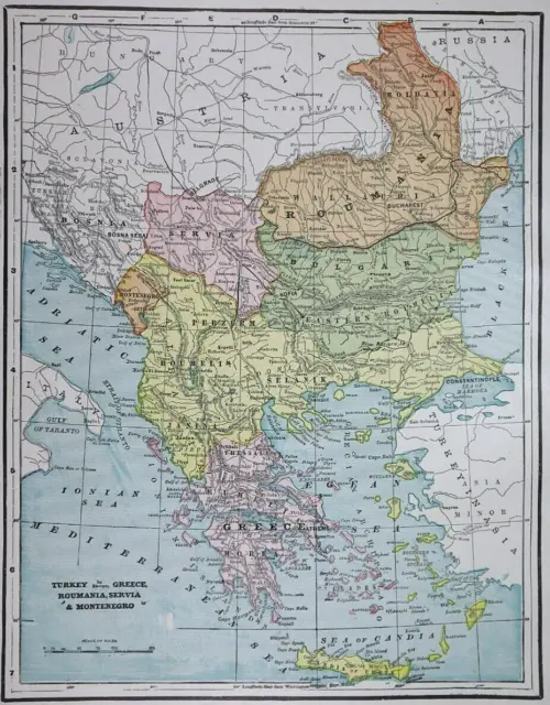 Old (11x14) 1899 Cram's Atlas Map ROUMANIA. GREECE, SERVIA ~ Free S&H  ~Inv#521