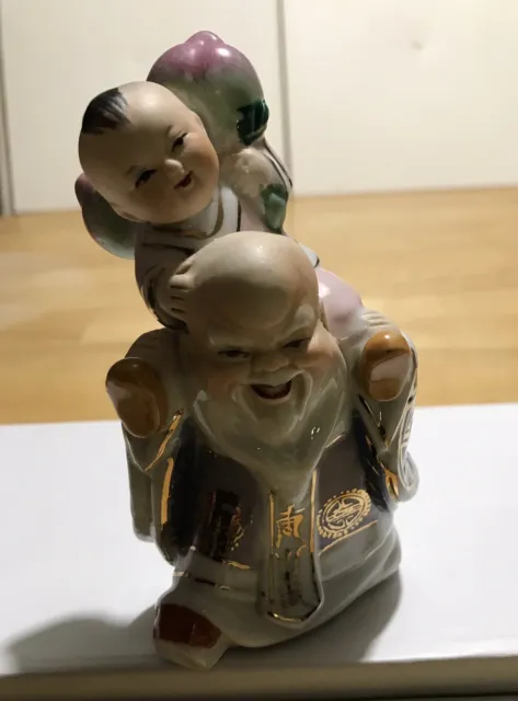 Shou Xing Chinese Star God of Longevity Boy on Back Porcelain Figurine Stamped