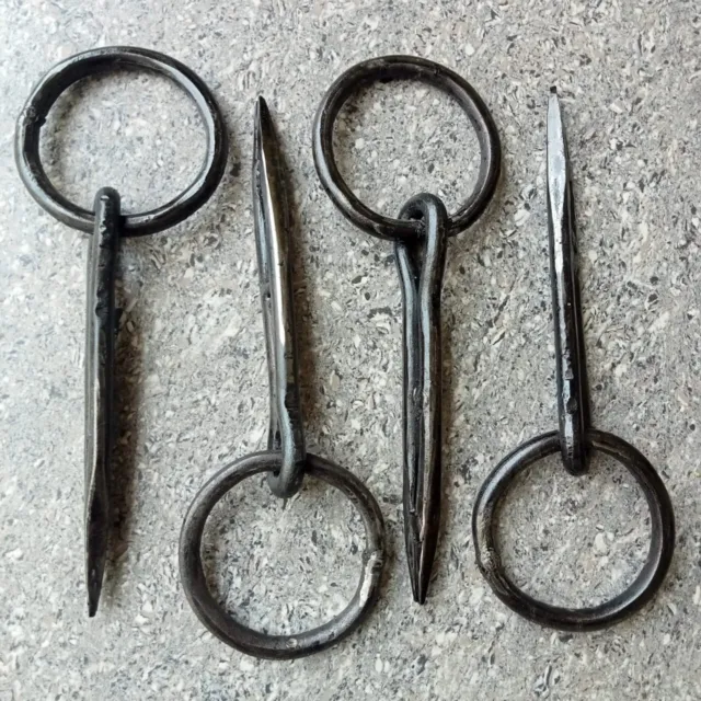 Antique Wrought Iron Tethering Ring on Pin Game Hook Blacksmith Hardware 4Unit