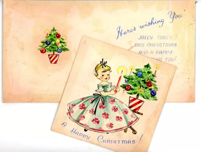 Vintage greetings Christmas card artwork illustration girl candle Xmas tree #1