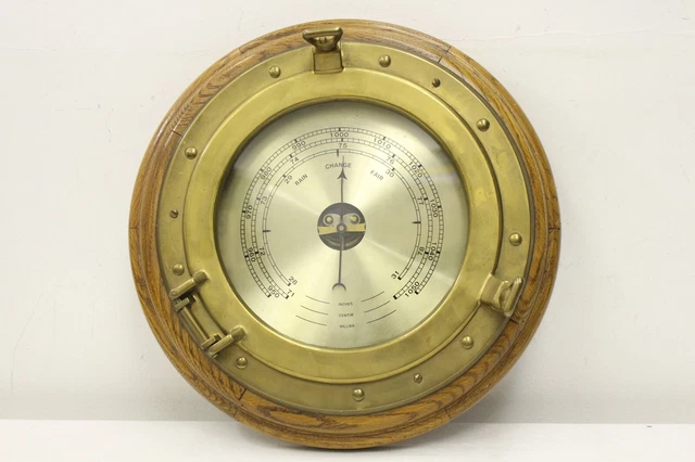 Vintage Wood & Brass Ships Porthole Barometer W Flip Glass Window Nautical Cabin