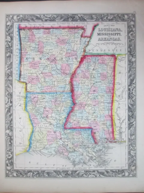 1860 Mitchell map of Louisiana, Mississippi, Arkansas * Original Antique! 0016