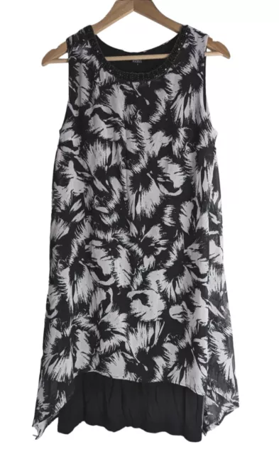 Chiffon Layered Dress, Klass Size UK 12 Black & White Floral Midi, Beaded Neck