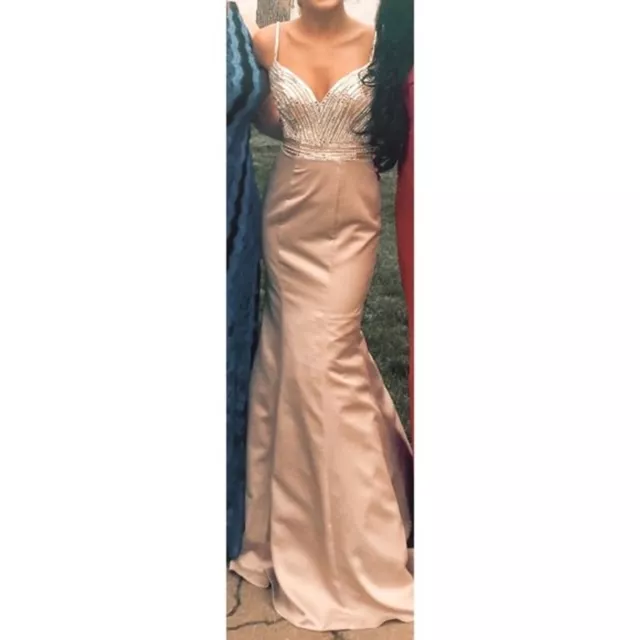 La Femme Champagne Stretch Satin Prom Dress Gown with Crystal Embellishments