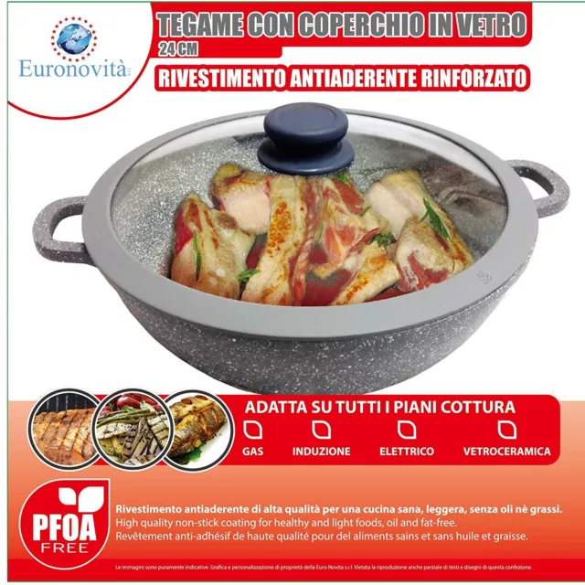 Tegame Padella Pentola in pietra Wok 24 cm con coperchio manici silicone 220032