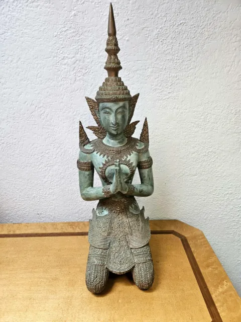 23" Rare Bronze Cast Kneeling Thai Buddha / Teppanom Guardian Angel Statue