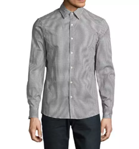 Michael Kors Mens Slim-Fit Trim Stretch Shirt Gingham Long Sleeve Black Small