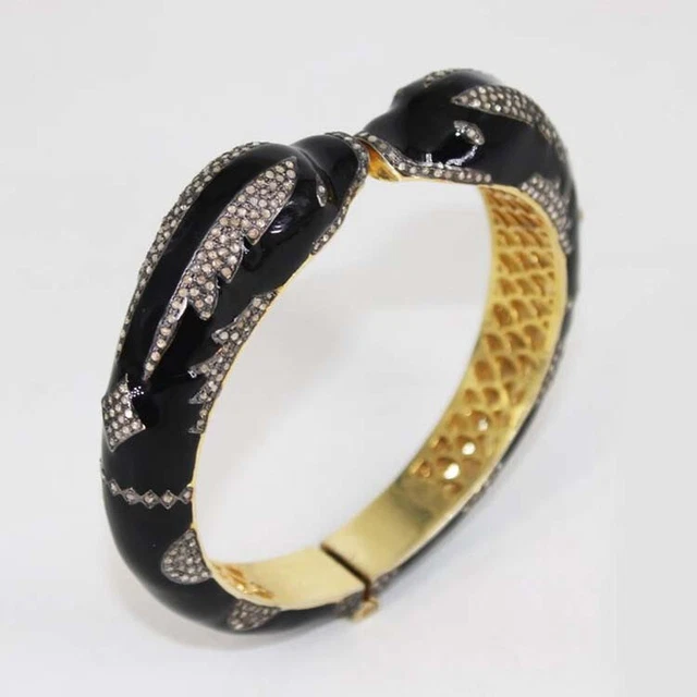 Natural Rosecut Diamond Silver Handmade Wedding Victorian Enamel Snake Bangle