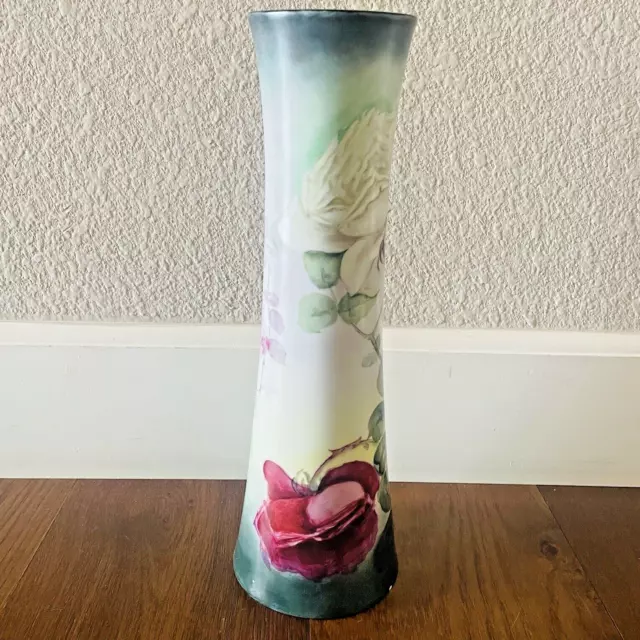 Antique Vienna Austria Hand Painted Pink & White Roses Signed Vase 14" 2