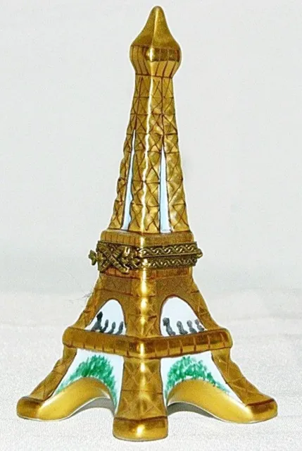 Limoges Gold Eiffel Tower Paris Hinged Trinket Box Tourists Porcelain Ceramic
