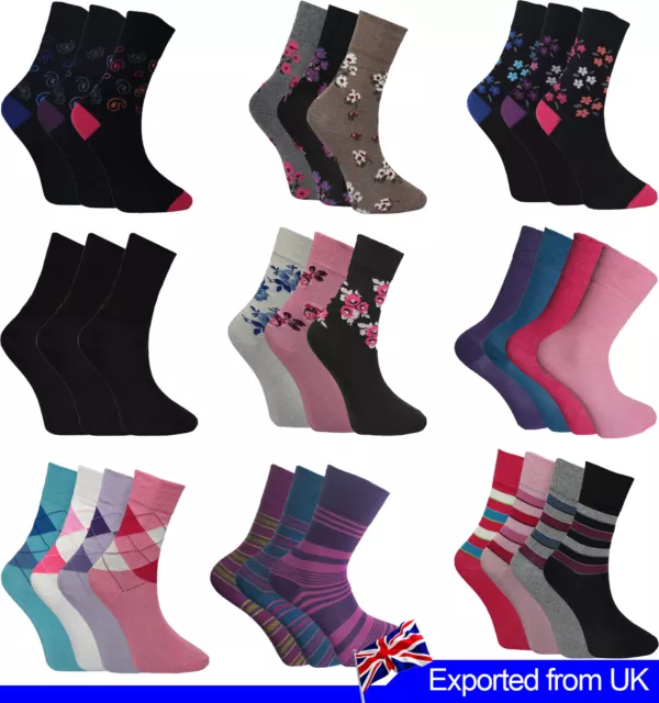 Ladies DESIGNER Socks Non Elastic Cotton Rich Assorted 6, 12 Pairs Size 4 to 8