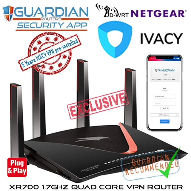 Netgear XR700 X10 DNSCyrpt router VPN +5 anni Ivacy VPN + app Guardian Plug'n Play