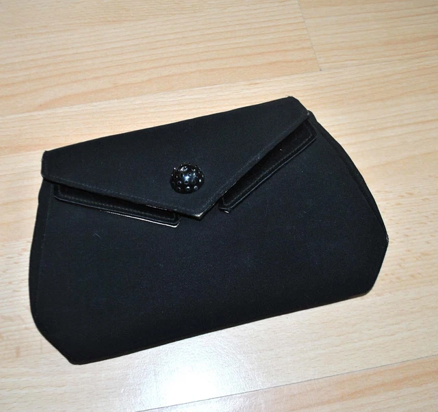 Pochette De Soirée Vintage Satin Noir Avec Nœud Et Strass - Sac à Main Chic Occasion Bon état