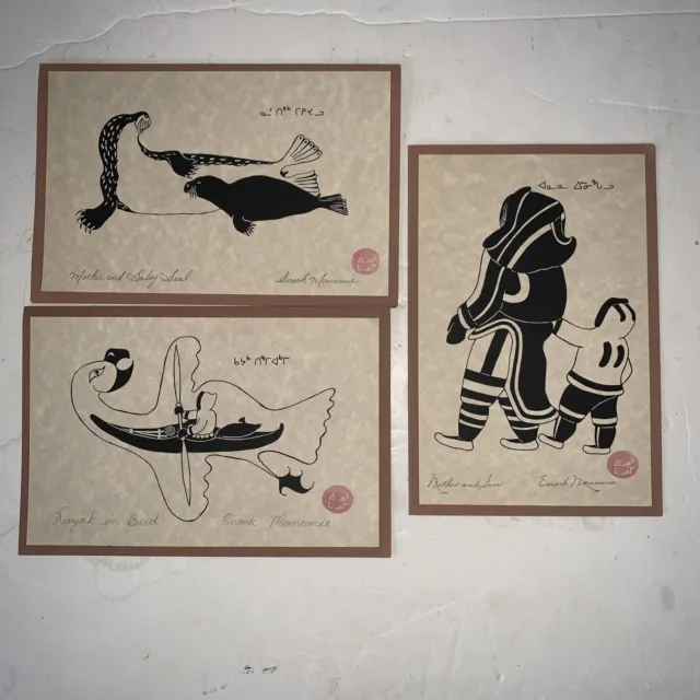 3 x ENOOK MANOMIE Hand Silkscreen Print Greetings Cards Signed INUIT ART Seals