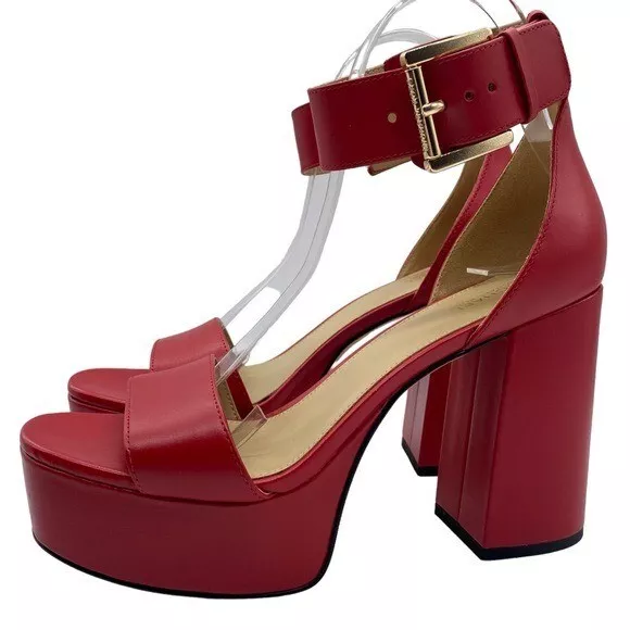 Michael Kors Platform Heels Tara Red Leather Block Heel Buckle Designer Size 6.5