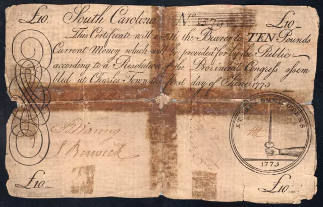 South Carolina Colonial Note Fr#SC-99 June 1, 1775 10 Pounds *Large Size*