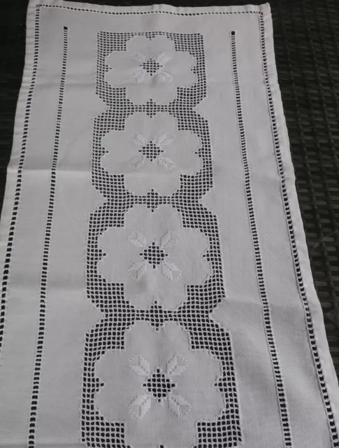 vintage hand embroidered HARDANGAR white  on white TABLE RUNNER 42  x 140cm