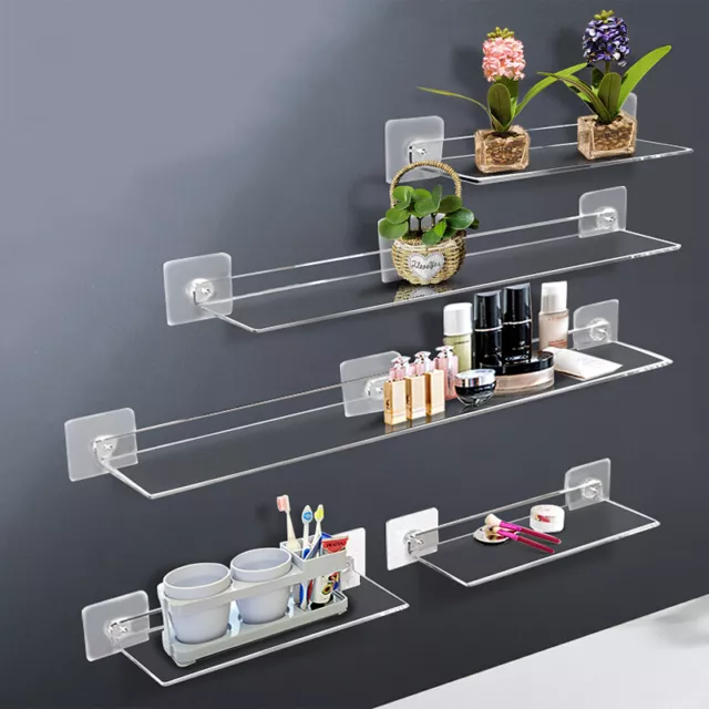 Acrylic Shelf Clear Wall Mounted Transparent Display Rack Stick Bathroom Kitchen