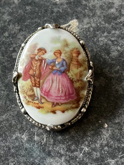 Vintage Limoges Porcelain Brooch In Silver Tone Metal Frame