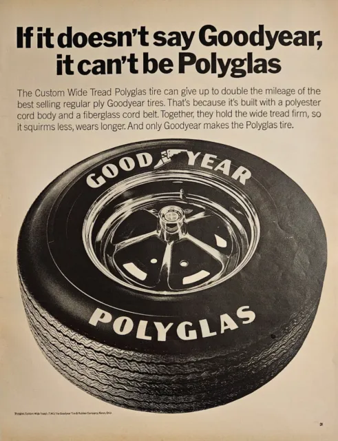 1969 Vintage Print Ad Good Year Polyglas Tire Automobile Cut Out