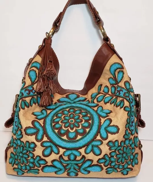 Vintage Isabella Fiore Oh Suzani Carina Turquoise Beaded,Leather,Handbag Mrp$725