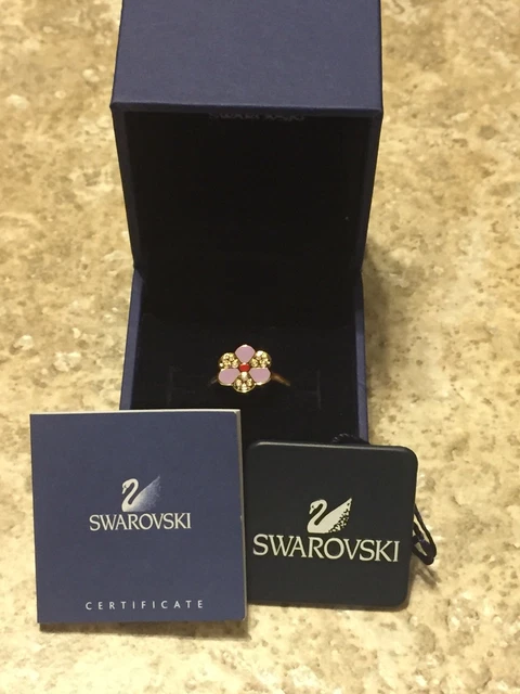 SWAROVSKI Swan Signed Ring Size 52/6 NIB Crystal & Enamel Violet Flower Retired