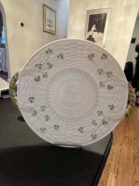 Belleek Shamrock Basket Weave 11" Closed Handled Cake Plate Ireland