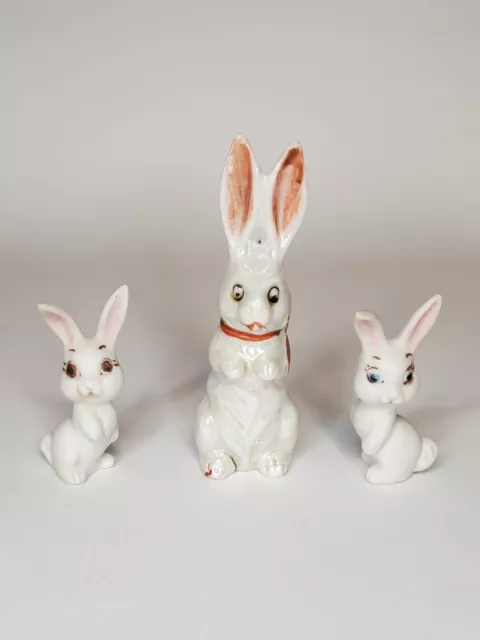 Lot Of 3 Vintage White Ceramic Bunny Rabbit Figurines, Easter Decor, Cottagecore