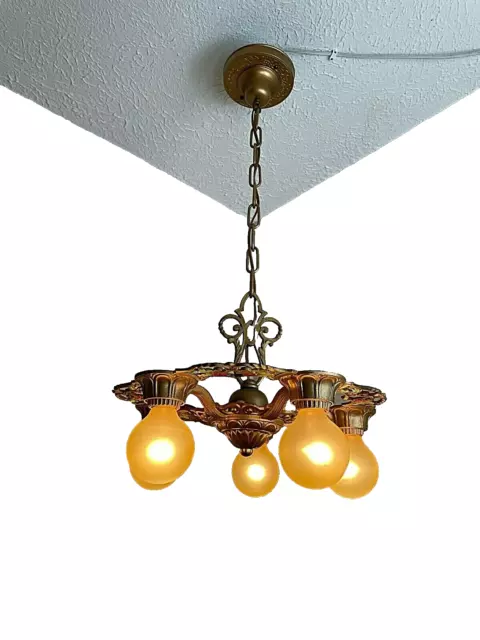 1930's ART DECO 5 LIGHT CAST IRON CHANDELIER