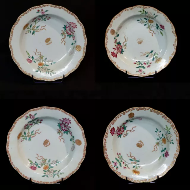 D 18ème art Chine 4 belles assiettes porcelaine qianlong famille rose 23cm qing