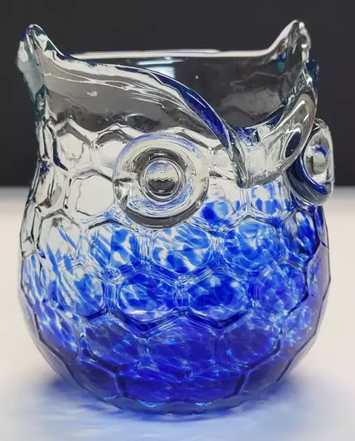 Owl Vase Blue Clear Art Glass Hand Blown 3D Honeycomb Candleholder 4" Vintage