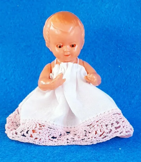 Vintage German E.S. Celluloid Doll Baby Girl 60s Dollhouse 3 1/2"