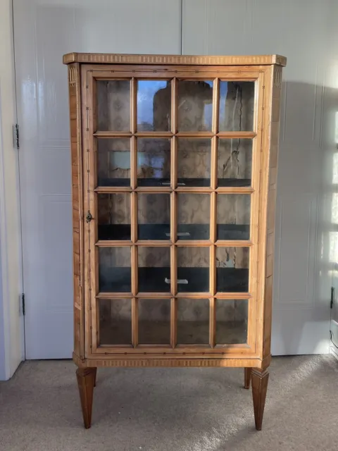 Antique 19th C. Inlaid Display Cabinet With Original Paper Lining And Key