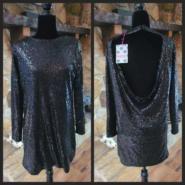 NWT Black Sequin Shift Dress Open Cowl Back Mini Sz 6 Sexy Holiday NYE Party