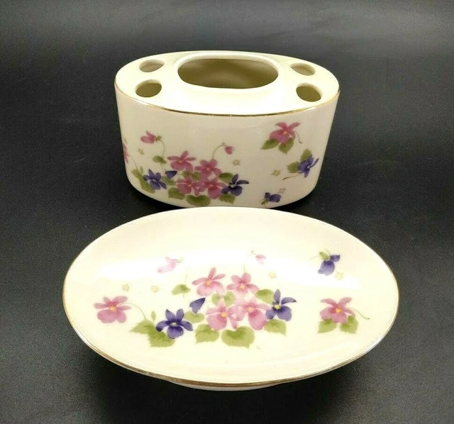 Fred Roberts San Francisco Co. Porcelain Violet Bath Soap and Toothbrush Holder