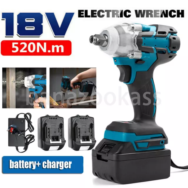 520NM 1/2" 18V Brushless Cordless Impact Wrench Battery Charger Kit For Makita