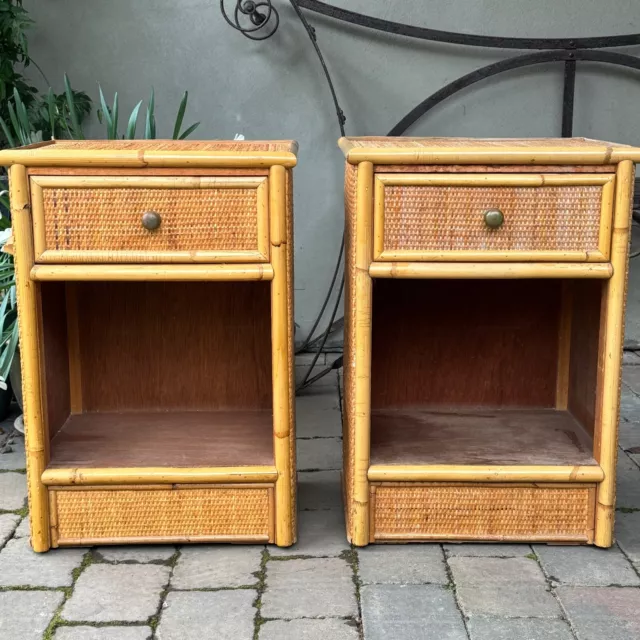 Pair vintage bamboo / rattan bedside tables cabinet nightstand 70s 80s retro