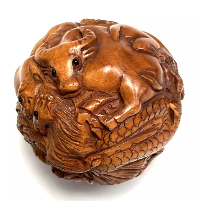Japanese Netsuke Zodiac Animals Ball Hand Carved Boxwood 1.5” Signed 石川 Ishikawa