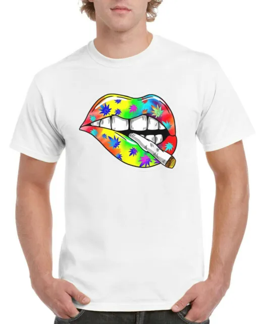 T-shirt sexy labbra smoking joint erba arcobaleno tie-dye arte psichedelica