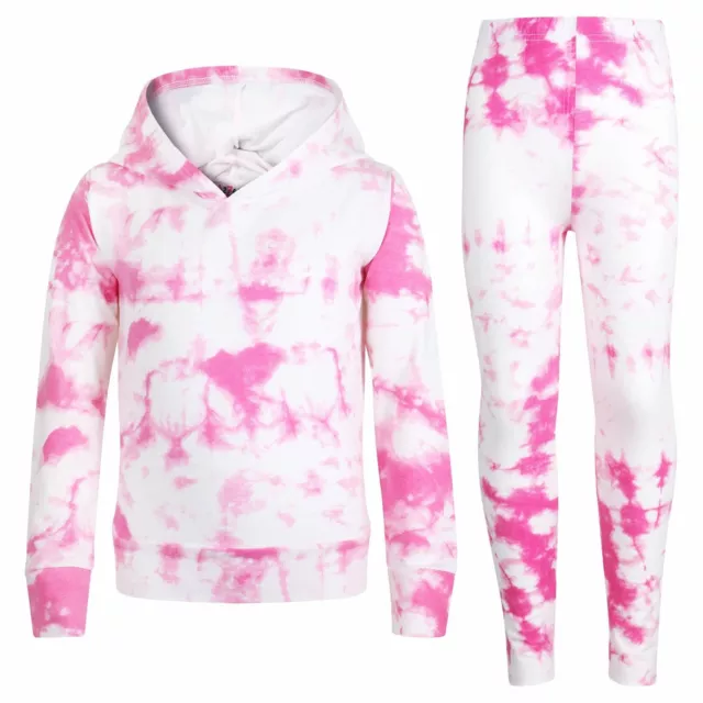 Kids Tie Dye Hooded Top & Legging Set Pink Active Wear Girls Age 5-13 years