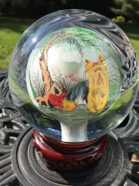 CHINA LARGE GLASS CRYSTAL BALL REVERSE HAND PAINTED ROTATING VTG CHINESE w STAND