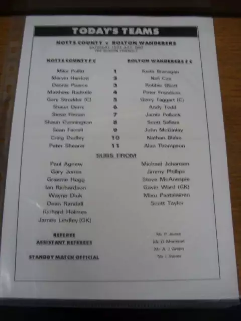 19/07/1997 Teamsheet: Notts County v Bolton Wanderers [Pre-Season Friendly] (Bla