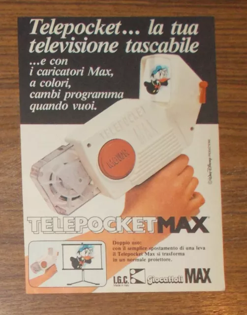 Seltene Werbung GIOCATTOLI TELEPOCKET MAX Projektor Donald Duck 1980