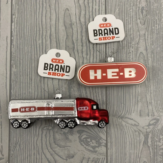 LOT 2 HEB CHRISTMAS TREE ORNAMENTS Logo Store Sign Semi Truck 24.95