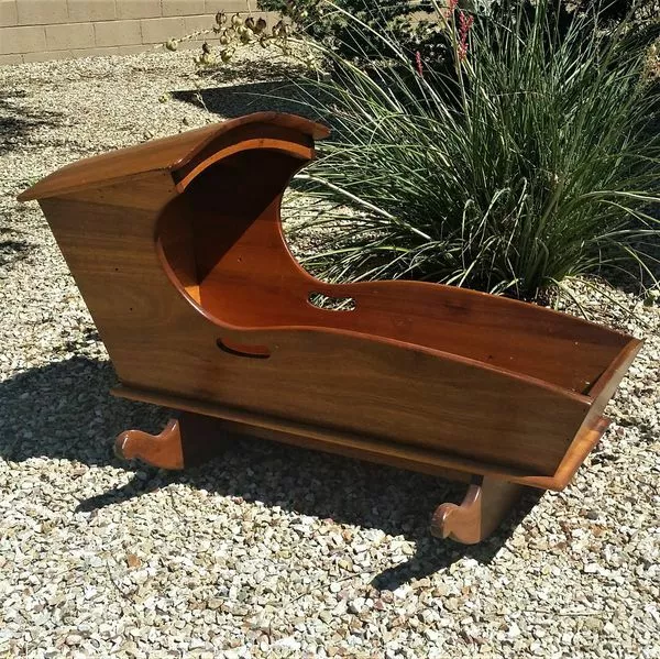 Vintage Handcrafted Hooded Walnut Wood Baby Cradle 44" Long