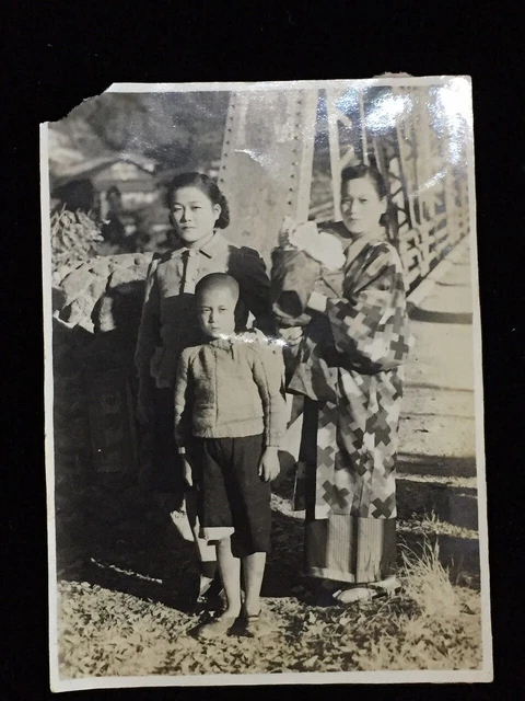 #881 Giapponese Vintage Foto 1940s / Donna Ragazzo Bambino Famiglia Kimono