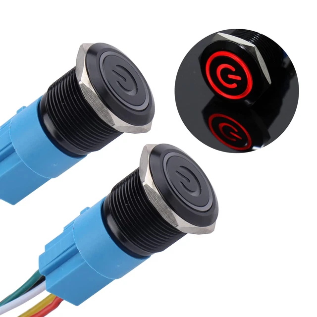 2PCS 19MM Momentary Push Button Switch 12V-24V 1NO 1NC Waterproof (On)-Off Black