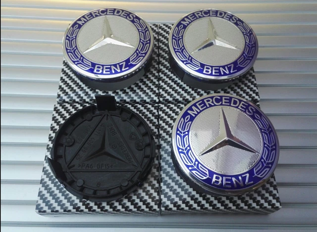MERCEDES BLUE ALLOY Wheel Centre Hub Caps AMG A B C E S M Class ML CLA ...